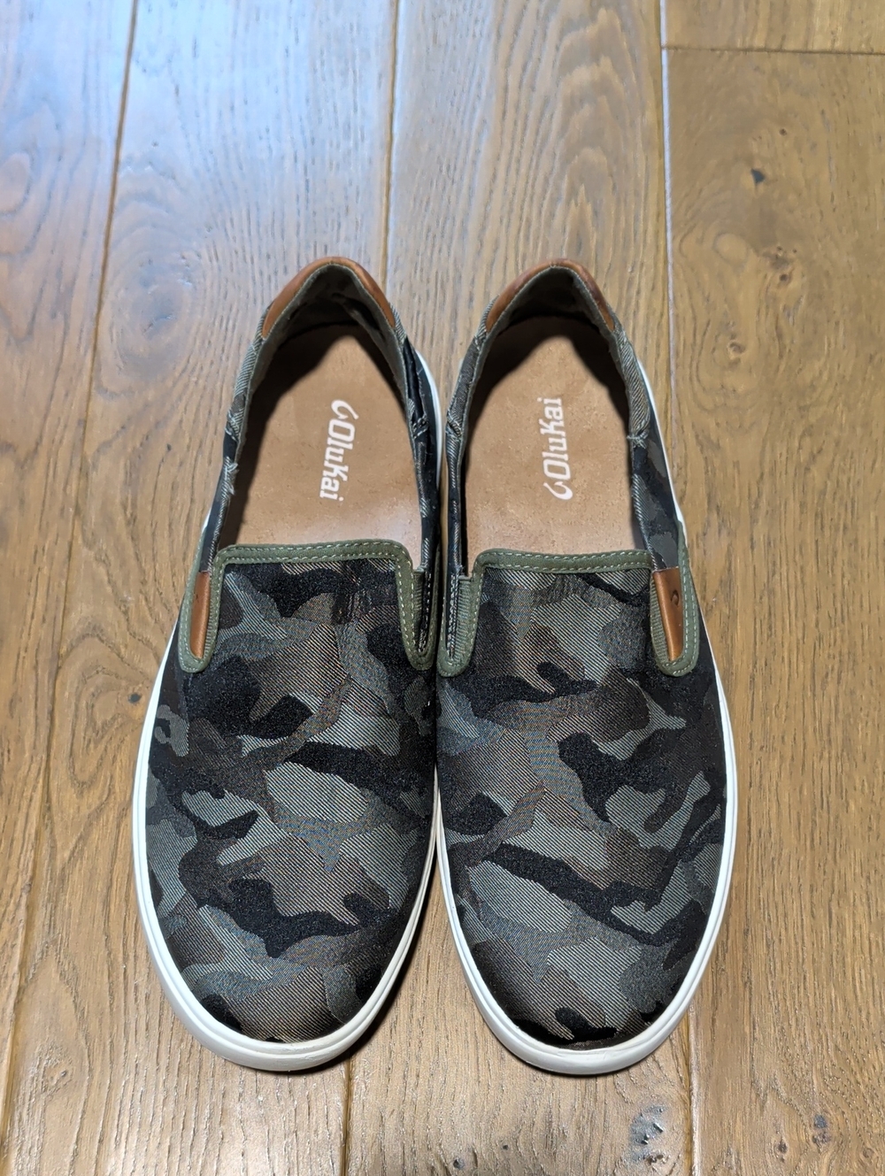 OluKai Men's Camouflage Slip-On Loafers in Green and Brown